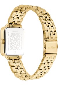 Goldfarbener Edelstahl-Armbanduhr mit rechteckigem Gehäuse, linksartigem Armband und graviertem Rückenteil. Wasserdicht bis zu 3 ATM.