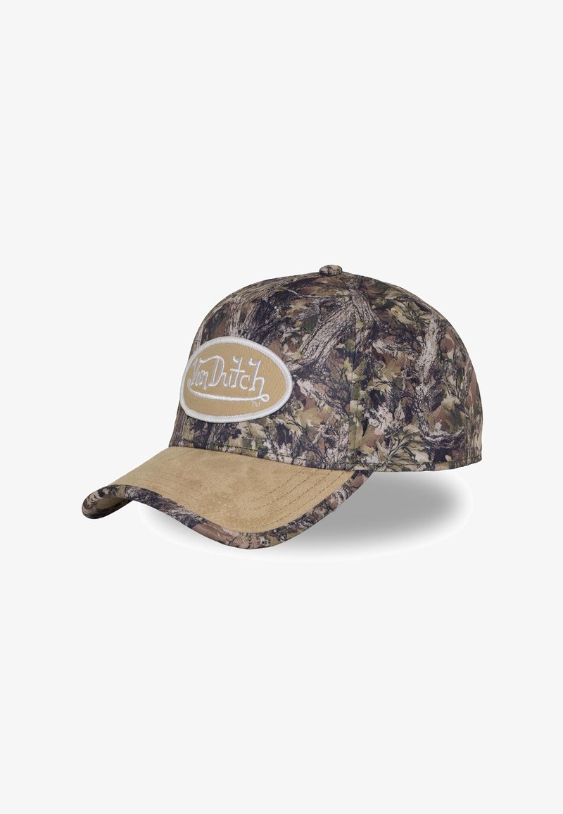 Baseball cap with woodland camouflage pattern and tan suede curved brim, featuring oval patch with white "Von Dutch" text on front.