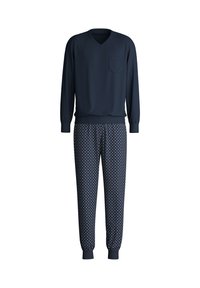 Marine loungewear set met een lange mouw V-hals top met een borstzak en broek met elastische tailleband en een patroon van witte stippen.
