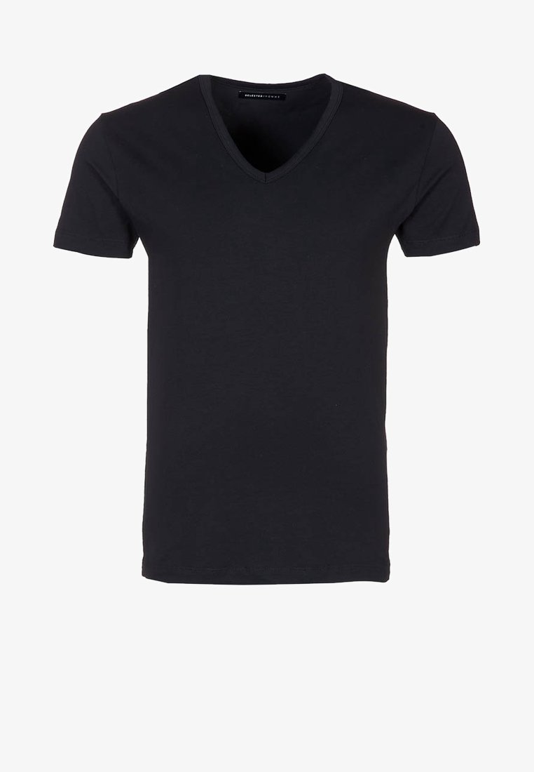 Černé tričko s výstřihem do V vyrobené z měkké bavlny. Krátké rukávy, úzký střih, čisté okraje, bez dalších vzorů nebo ozdob.