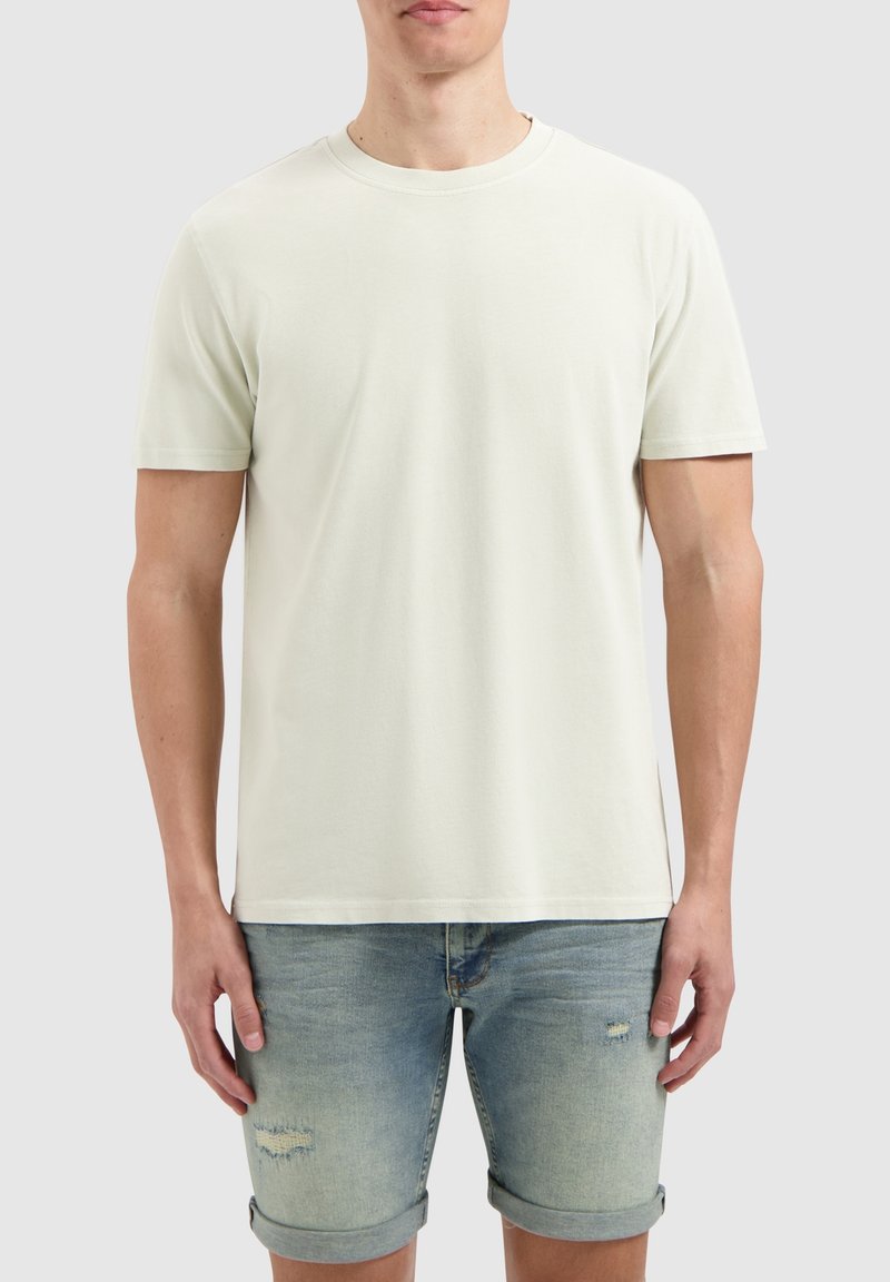 Hellbeige Baumwoll-T-Shirt mit Rundhalsausschnitt und kurzen Ärmeln, kombiniert mit distressed Jeans-Shorts, die einen lässigen Schnitt zeigen.