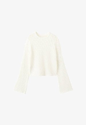 Pulover alb tricotat, scurt, cu un model texturat de frunze, mâneci largi și decolteu rotund. Material ușor.