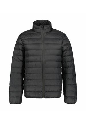 Schwarze gepolsterte Jacke mit hohem Kragen, Reißverschluss und horizontalen Steppnähten für Isolierung und Struktur. Glattes, leichtes Material.