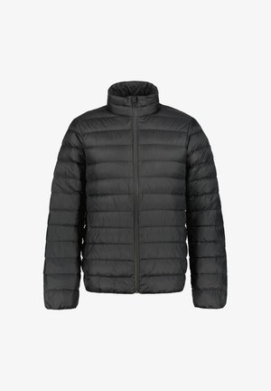 Schwarze gepolsterte Jacke mit hohem Kragen, Reißverschluss und horizontalen Steppnähten für Isolierung und Struktur. Glattes, leichtes Material.