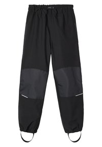 Pantaloni neri con un elastico in vita, polsini svasati, dettagli riflettenti e pannelli di tessuto a finitura opaca e lucida contrastanti.