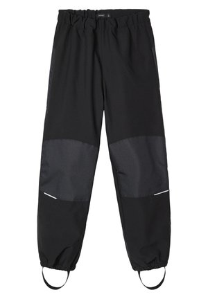 Black pants featuring an elastic waistband, tapered cuffs, reflective accents, and contrasting matte and glossy fabric panels.
