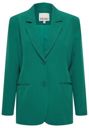 Grüne Blazer aus glattem Stoff, mit maßgeschneidertem Design, Reverskragen, zwei Knöpfen und vorderen Taschen mit feinen Paspeldetails.