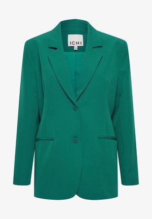 Green blazer made of smooth fabric, featuring a tailored design, notched lapels, two buttons, and front pockets with subtle piping details.