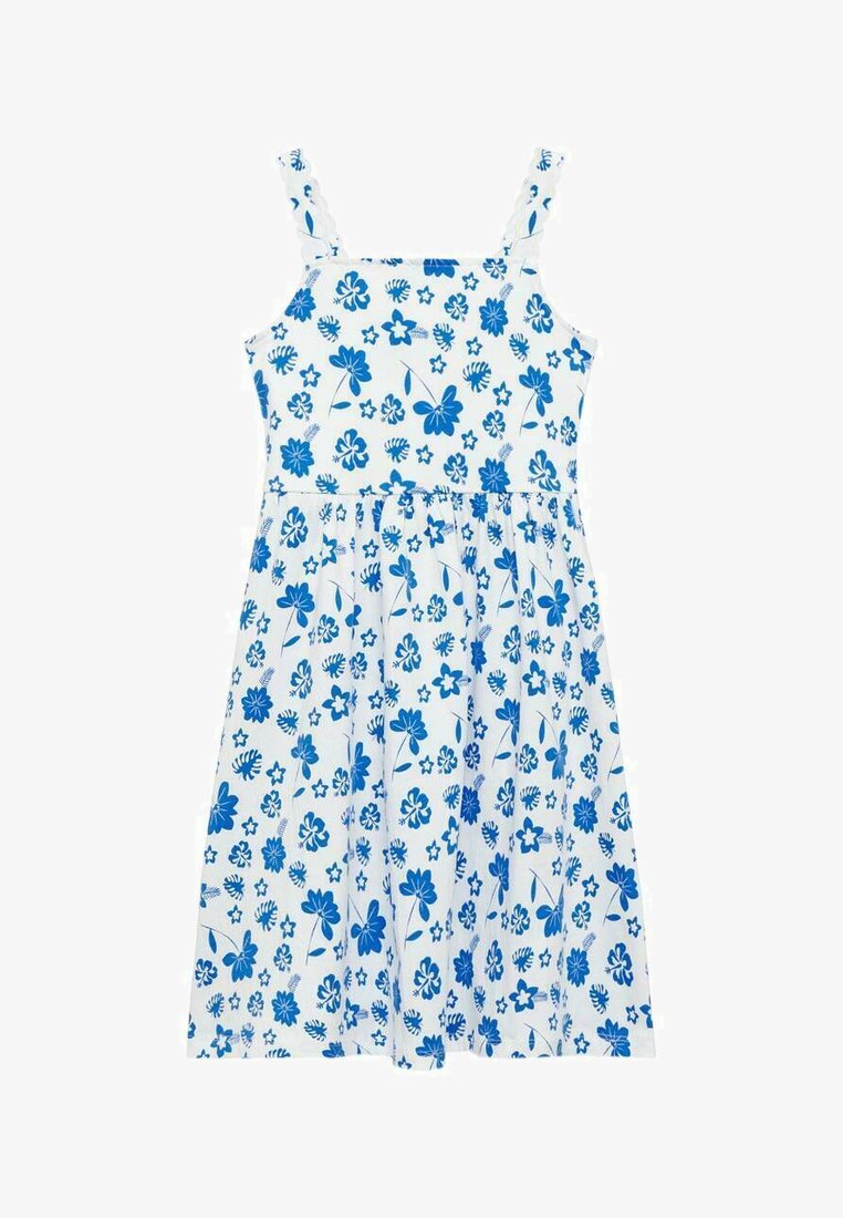 Rochie albă cu modele florale albastre, având bretele subțiri și talie strânsă. Țesătura este ușoară, cu o textură fină.