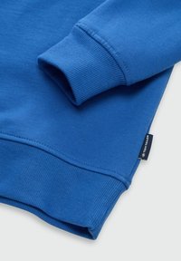 Felpa blu in cotone, con polsini e orlo a coste, texture liscia e etichetta con logo di lato.