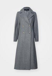 Gray wool coat with double-breasted design, long sleeves, pointed collar, and metallic buttons. Features a long, structured silhouette.