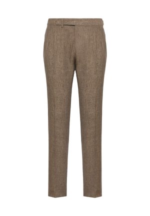 Brown, tailored trousers with a textured finish, featuring a flat front, belt loops, and a slim fit. The fabric appears lightweight and breathable.
