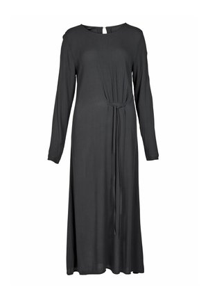 Abito midi nero a maniche lunghe con scollo rotondo e dettaglio con cintura in vita, caratterizzato da una chiusura con bottone a occhiello sul retro.
