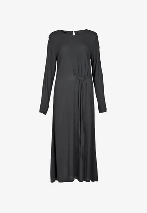 Mustast materjalist pika varrukaga midi-kleit ümmarguse kaelusega ja vöömüüri detailiga, tagant nööpkinnitusega avausega.