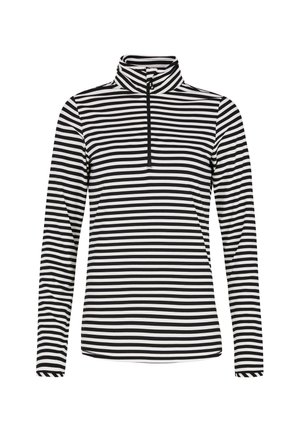 Top de rayas en blanco y negro de manga larga con cuello alzado y media cremallera. Textura suave, corte clásico y rayas uniformemente espaciadas.