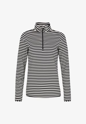 Maglietta a maniche lunghe a righe bianche e nere con colletto alto e mezza zip. Tessuto liscio, vestibilità classica e righe equidistanti.