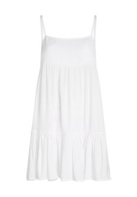 Weißes ärmelloses Kleid mit einem gerafften Oberteil, fließendem, gestuftem Saum und subtiler Textur. Enthält dünne, verstellbare Spaghettiträger.