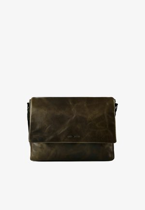 Dark brown leather messenger bag with flap closure and adjustable shoulder strap, textured surface and subtle brand embossing on front.