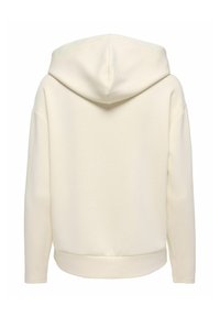 Sweat à capuche uni blanc cassé vu de dos avec manches longues et taille ajustée.