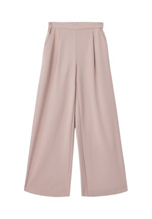 Lyserøde vidde bukser med elastisk talje, der har forreste folder og sidelommer. Glat stof med blød tekstur.