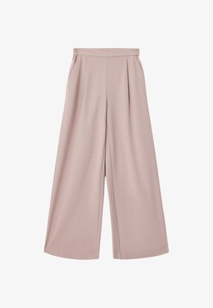 Lyserøde vidde bukser med elastisk talje, der har forreste folder og sidelommer. Glat stof med blød tekstur.