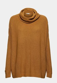 Pull à col roulé ample de couleur jaune moutarde. Confectionné en tissu tricoté côtelé, avec épaules tombantes et coutures latérales discrètes.