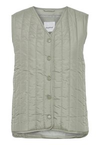 Gilet sans manches matelassé en tissu vert clair, avec un col en V, six boutons-pression et une texture lisse avec des lignes verticales subtiles.