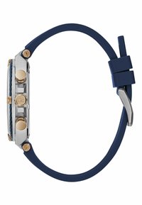 Sinine silikoonist kellarihm koos hõbedase roostevabast terasest korpusega. Külgedel kolm kuldset nuppu, kellaface'il tekstureeritud sinised aktsendid.