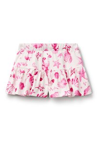 Roze gerimpelde shorts van zachte stof, met een patroon van schelpen en zeedieren op een witte achtergrond en een elastische tailleband.