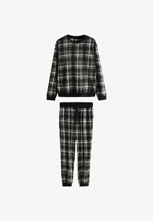 Black, white, and gray plaid long-sleeve sweatshirt and matching jogger pants with black cuffs and waistband, laid flat on white background.