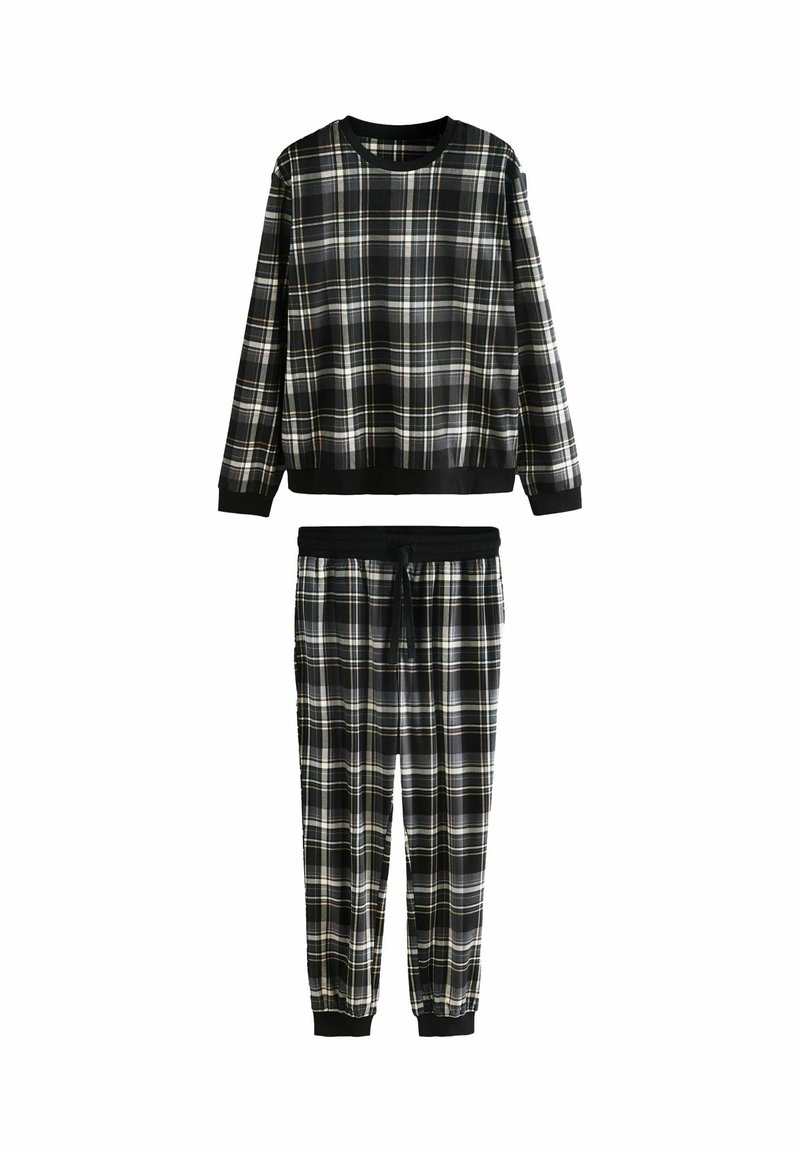 Svart, vitt och grått rutigt långärmad sweatshirt och matchande joggerbyxor med svarta muddar och midjeband, utlagda platt på vit bakgrund.