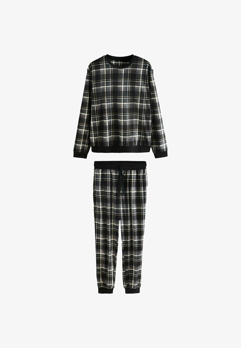 Sweatshirt à manches longues en tartan noir, blanc et gris et pantalon de jogging assorti avec des poignets et une ceinture noirs, disposés à plat sur un fond blanc.