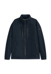 Herren Softshell-Jacke in Marineblau mit hohem Kragen, Frontreißverschluss, zwei Reißverschlusstaschen auf der Brust und zwei seitlichen Reißverschlusstaschen.