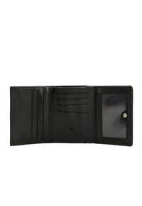 Portafoglio tri-fold nero in pelle aperto che mostra molteplici fessure per carte e una finestra trasparente per documento d'identità con funzione di blocco RFID.