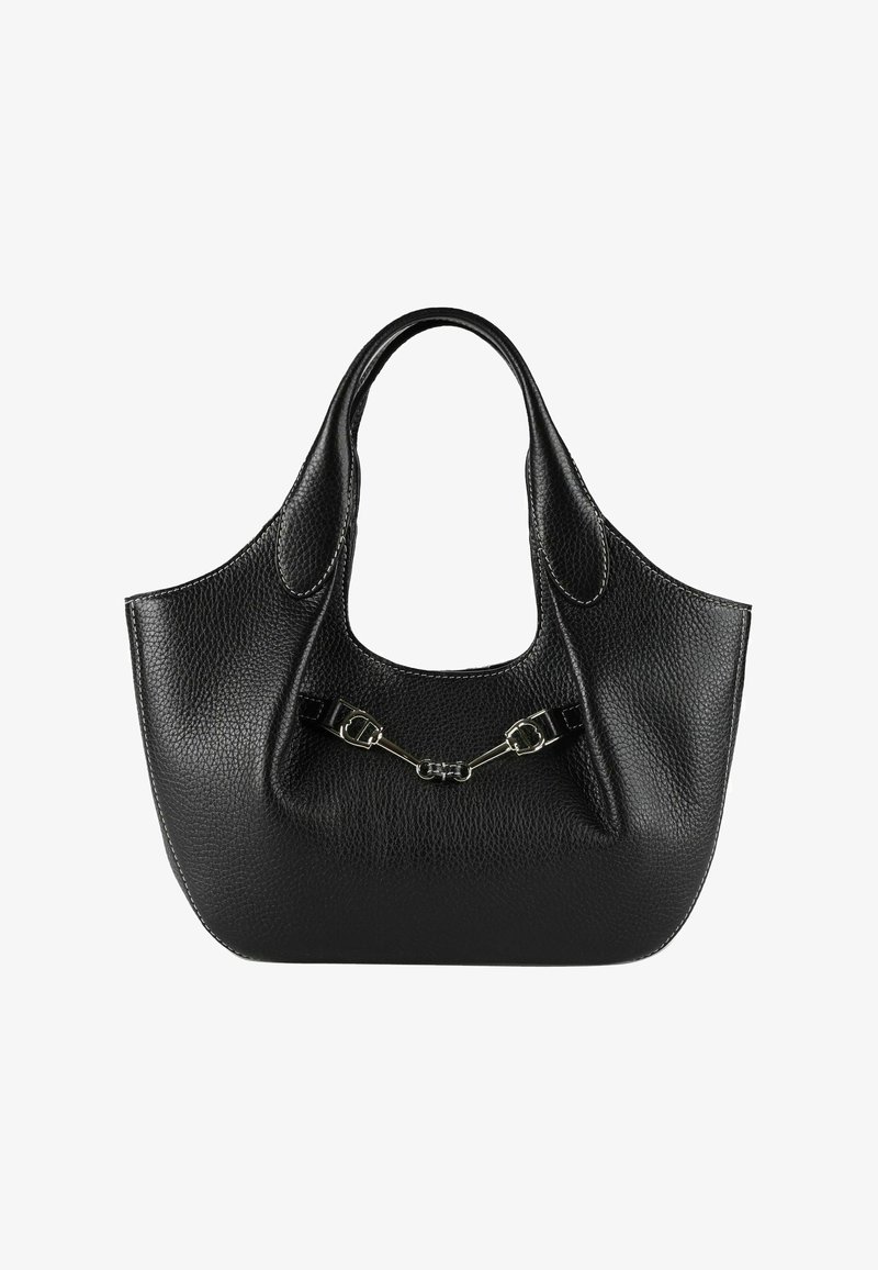 Borsa a mano in pelle nera con finitura testurizzata, dotata di due manici e un dettaglio decorativo con fibbia metallica sulla parte anteriore.