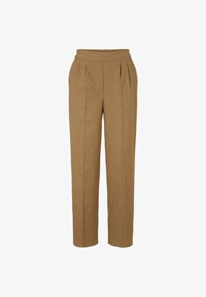 Pantalones marrones tejidos con un corte relajado, que cuentan con pliegues, una cintura alta y piernas entalladas. Textura suave, adecuados para uso casual o formal.