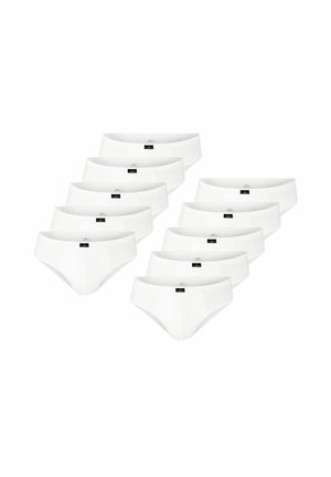 Ten pairs of plain white men's briefs arranged in two rows on a white background.