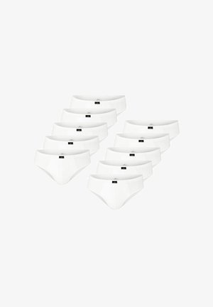 Ten pairs of plain white men's briefs arranged in two rows on a white background.