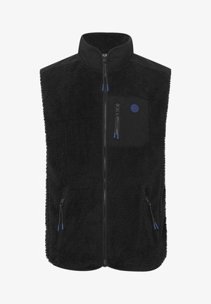 Black fleece vest with a high collar, zippered front, side pockets, and a chest pocket featuring a blue circular logo. Textured surface.