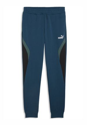 Pantaloni da tuta Puma in verde petrolio scuro con fascia elastica in vita, pannelli laterali neri e verdi, gambe affusolate e logo Puma bianco sulla coscia sinistra.