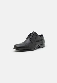 Black leather dress shoe with a rounded toe, lace-up design, and subtle stitching details. Flat heel and smooth texture.