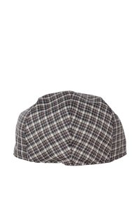 Checked cap in brown, gray, and white. Soft fabric with a structured shape. Features a flat top and stitched detailing on the seams.