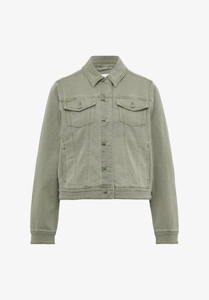 Groene denim jacket met een kraag, sluiting met knopen aan de voorkant, twee borstzakken en lange mouwen. Heeft zichtbare naaizomen en een cropped ontwerp.