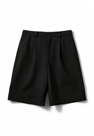 Črne hlače s krojenim dizajnom, z naborki, gladko teksturo in srednje dolgo dolžino. Brez vidne strojne opreme ali okraskov.