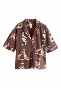 Cămașă maro cu mâneci scurte și nasturi, cu ilustrații imprimate peste tot cu câini purtând ochelari de soare și eșarfe.