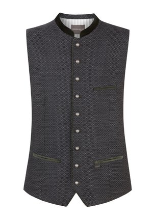 Dunkelgraue gemusterte Weste mit silbernen Knöpfen, schwarzem Kragen und drei grün umrandeten Taschen, maßgeschneidert und ärmellos.