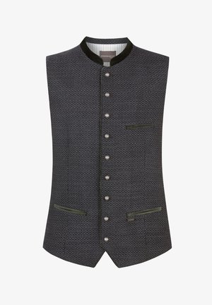 Dunkelgraue gemusterte Weste mit silbernen Knöpfen, schwarzem Kragen und drei grün umrandeten Taschen, maßgeschneidert und ärmellos.