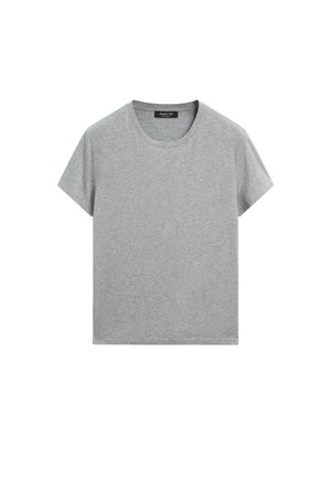 Lichtgrijs T-shirt met korte mouwen en ronde hals, effen ontwerp, plat weergegeven op een witte achtergrond.