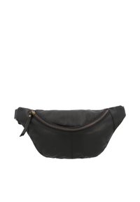 Czarna skórzana torba na talię z wygiętym brązowym zamkiem błyskawicznym i regulowanym paskiem na białym tle.