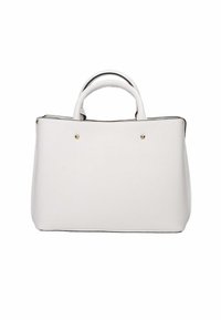 Borsa a mano in pelle bianca con design strutturato, manici arrotondati e hardware color oro. Un bordo nero delimita il bordo superiore. Texture liscia.